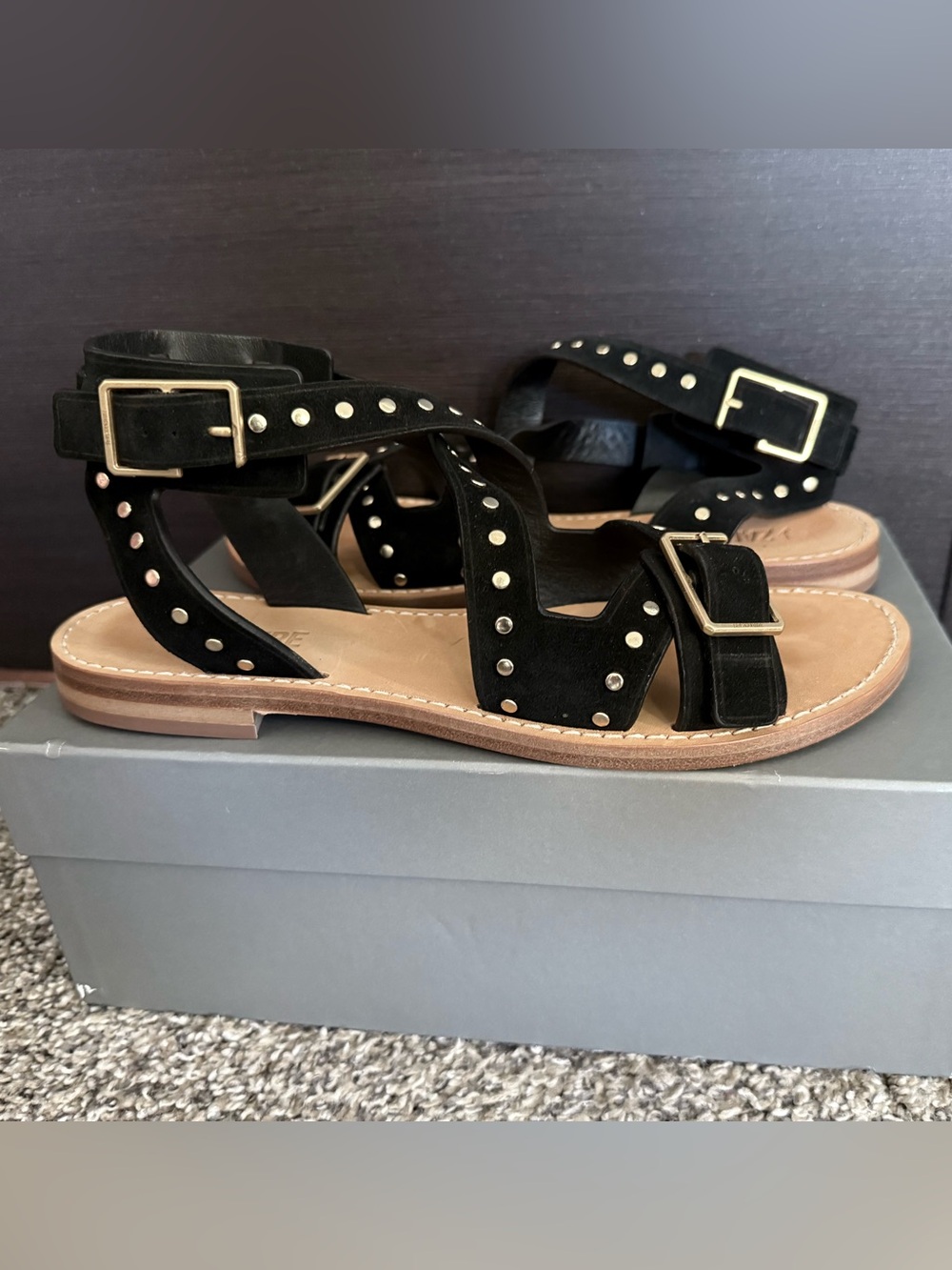 Zadig & Voltaire Black Studded Leather Sandals with Gold Buckles
